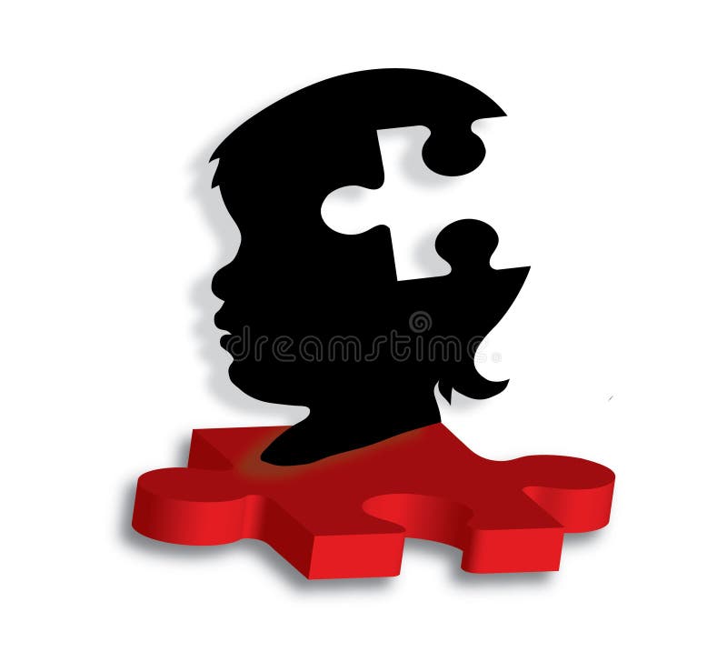 Vector illustration of childs silhouette perched atop 3D red puzzle piece- perfect for autism-related articles and newsletters!. Vector illustration of childs silhouette perched atop 3D red puzzle piece- perfect for autism-related articles and newsletters!