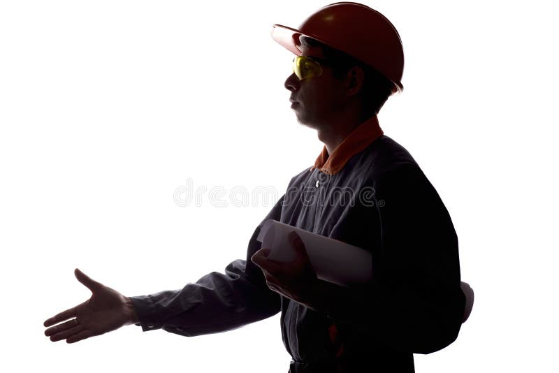 Σκιαγραφία ενός νέου εργάτη οικοδομών που τεντώνει έξω το χέρι του για μια χειραψία στο σημάδι της σύμβασης, ένα άτομο στις φόρμε στοκ φωτογραφία με δικαίωμα ελεύθερης χρήσης Σκιαγραφία ενός νέου εργάτη οικοδομών που τεντώνει έξω το χέρι του για μια χειραψία στο σημάδι της σύμβασης, ένα άτομο στις φόρμε στοκ φωτογραφία με δικαίωμα ελεύθερης χρήσης