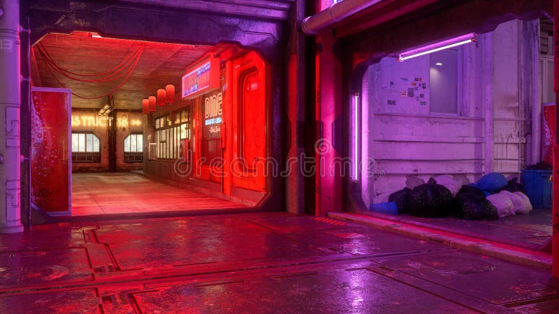 σκοτεινή futustic cyberpunk αστική περιοχή τη νύχτα με neon φωτισμό 3d απεικόνιση διανυσματική απεικόνιση