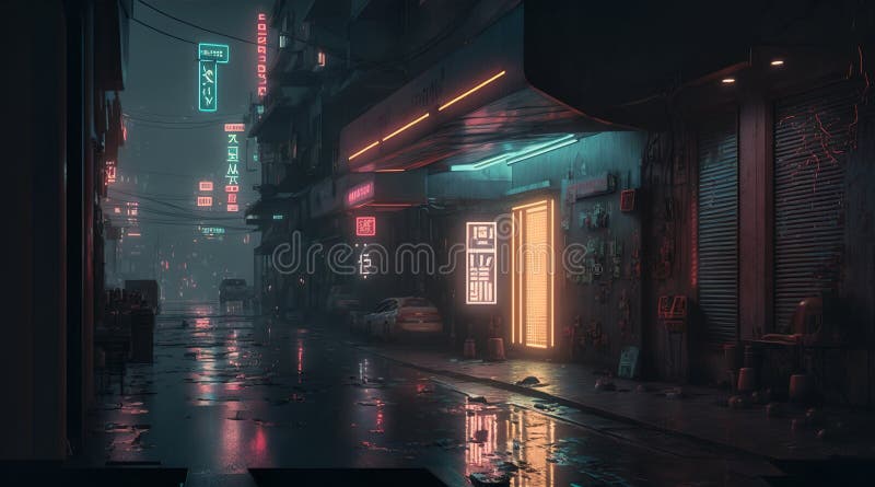 σκοτεινός δρόμος στο cyberpunk city gloomle, με neon lighting genertive ai απεικόνιση αποθεμάτων