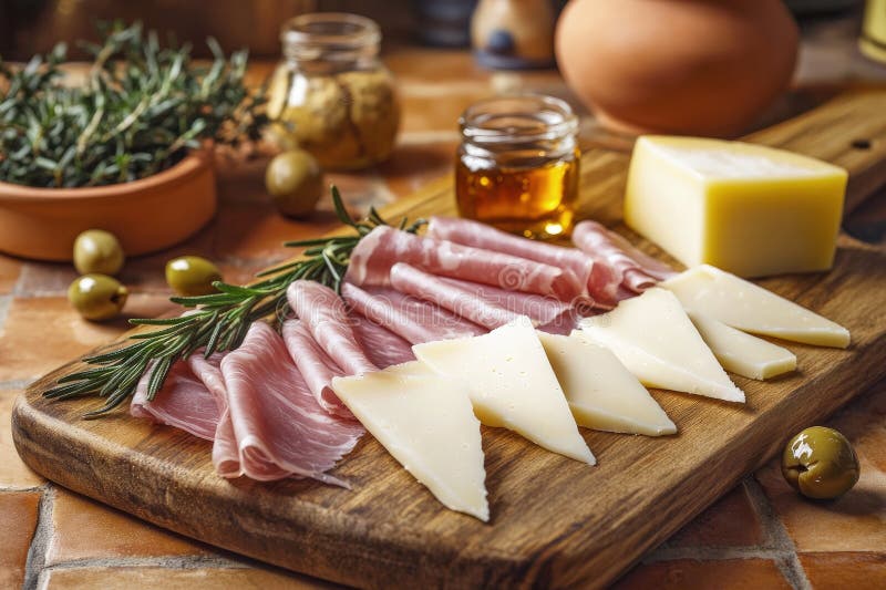 Σκουριασμένο ξύλινο σανίδι με φέτες τυριού ζαμπόν με φέτες ελιές και βάζο με μέλι, σχεδιασμένο για ένα μεσογειακό ορεκτικό απεικόνιση αποθεμάτων