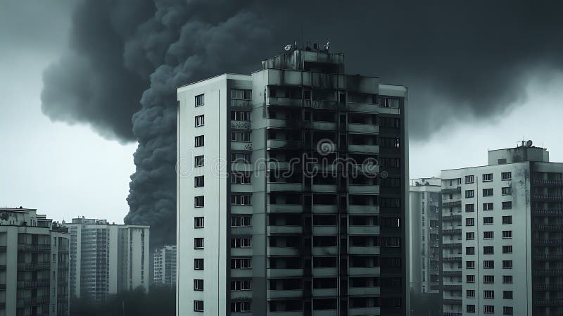 Σκούρο γκρι ουρανοκατέβατο της πόλης με φλεγόμενο κτίριο και παχύ μαύρο καπνό διανυσματική απεικόνιση