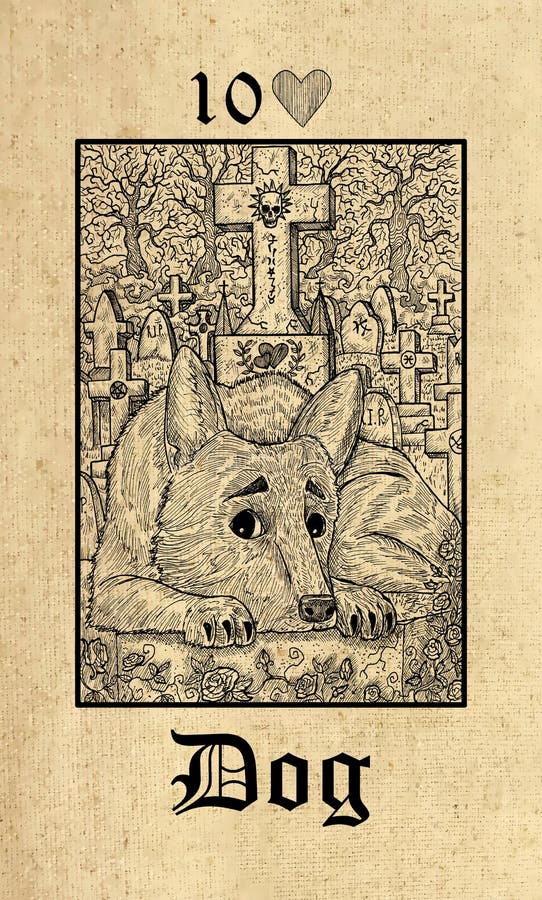 Dog. Tarot card from Lenormand Gothic Mysteries oracle deck. Graphic engraved illustration. Fantasy and mystic line art drawing. Gothic, occult and esoteric background. Dog. Tarot card from Lenormand Gothic Mysteries oracle deck. Graphic engraved illustration. Fantasy and mystic line art drawing. Gothic, occult and esoteric background