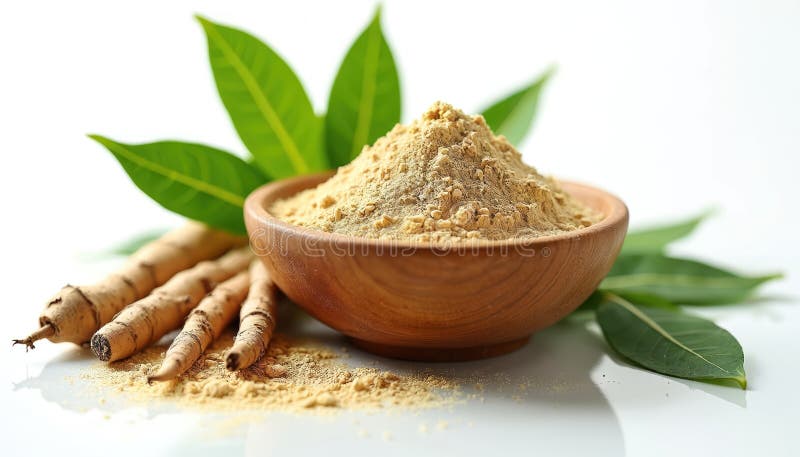 Σκόνη ποτού Ashwagandha ayurvedic herb σε ξύλινο μπολ. Πράσινα φύλλα σε λευκό φόντο. Εναλλακτικό φάρμακο φυσικά ένδικα μέσα ελεύθερη απεικόνιση δικαιώματος
