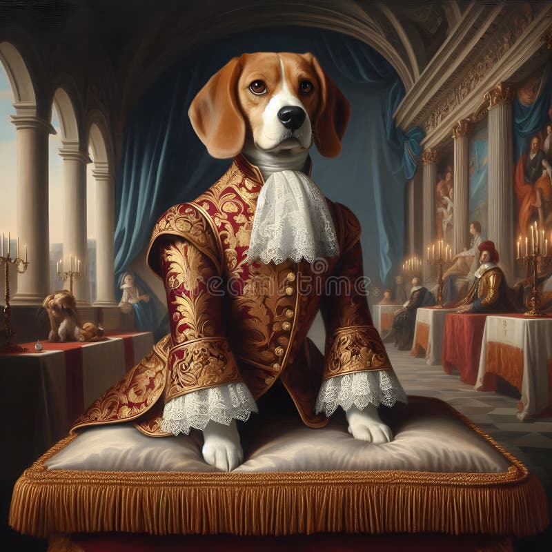 Σκύλος Beagle φορώντας αριστοκρατική στολή ποζάροντας σε παλάτι κατά τη διάρκεια δείπνου απεικόνιση αποθεμάτων