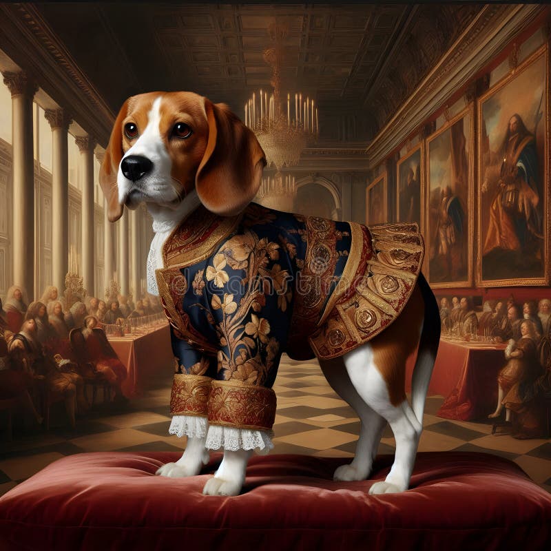 Σκύλος Beagle φορώντας αριστοκρατική στολή ποζάροντας σε παλάτι ελεύθερη απεικόνιση δικαιώματος