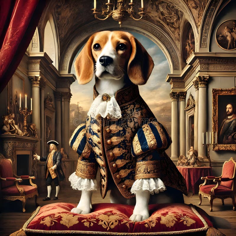 Σκύλος Beagle φορώντας αριστοκρατική στολή ποζάροντας σε πολυτελές παλάτι διανυσματική απεικόνιση