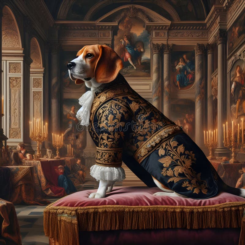 Σκύλος Beagle φορώντας αριστοκρατική στολή ποζάροντας στο παλάτι των μπαρόκ ελεύθερη απεικόνιση δικαιώματος