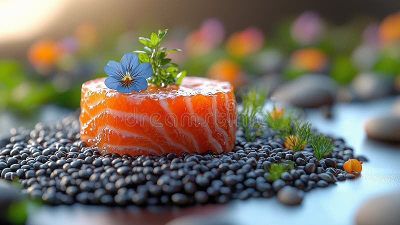 σολομός γκουρμέ sashimi με βρώσιμα άνθη και μαύρες φακές ελεύθερη απεικόνιση δικαιώματος
