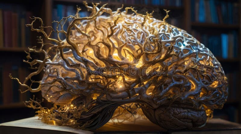 Σουρεαλιστική Βιβλιοθήκη Εγκεφάλου με Neuron Bookshelves και Molten Gold Synapses στοκ εικόνες με δικαίωμα ελεύθερης χρήσης