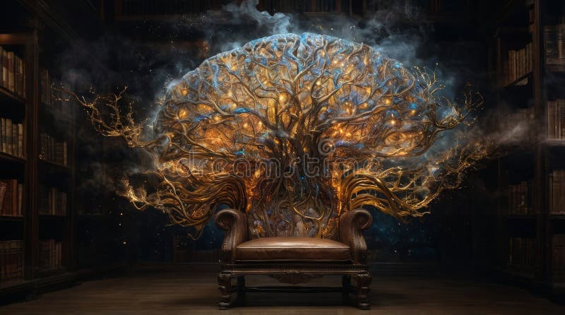 Σουρεαλιστική Βιβλιοθήκη Εγκεφάλου με Neuron Bookshelves και Molten Gold Synapses στοκ φωτογραφία