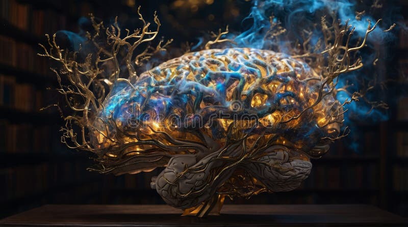 Σουρεαλιστική Βιβλιοθήκη Εγκεφάλου με Neuron Bookshelves και Molten Gold Synapses στοκ εικόνες