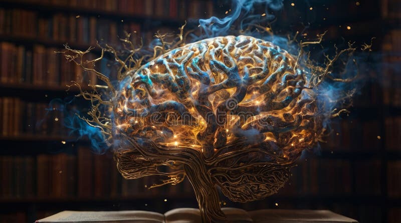 Σουρεαλιστική Βιβλιοθήκη Εγκεφάλου με Neuron Bookshelves και Molten Gold Synapses στοκ εικόνες