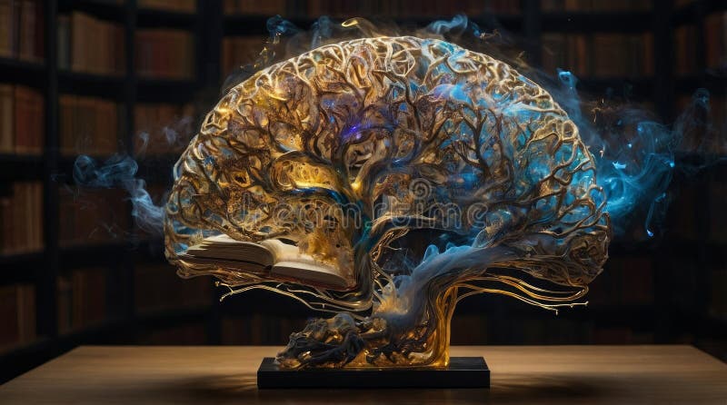 Σουρεαλιστική Βιβλιοθήκη Εγκεφάλου με Neuron Bookshelves και Molten Gold Synapses στοκ εικόνες