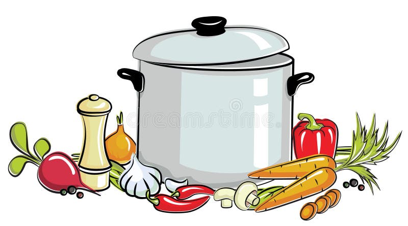 Illustration of vegetables and pot of soup. Illustration of vegetables and pot of soup