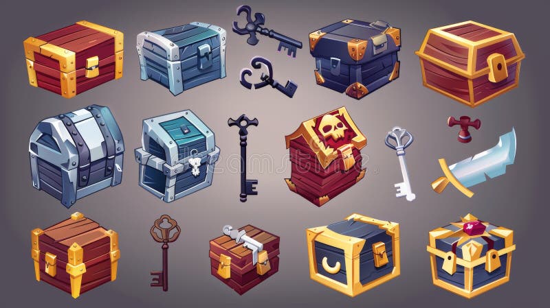 Rare treasure chests and keys evolution, trophy trunks and skeleton keys, level bonus, pirate loot, fantasy assets elements, cartoon modern illustration, set, game reward. AI generated. Rare treasure chests and keys evolution, trophy trunks and skeleton keys, level bonus, pirate loot, fantasy assets elements, cartoon modern illustration, set, game reward. AI generated