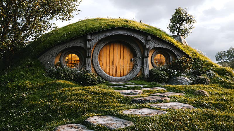 Σπίτι με τρύπα στο Χόμπιτ στο Rolling Green Hill απεικόνιση αποθεμάτων