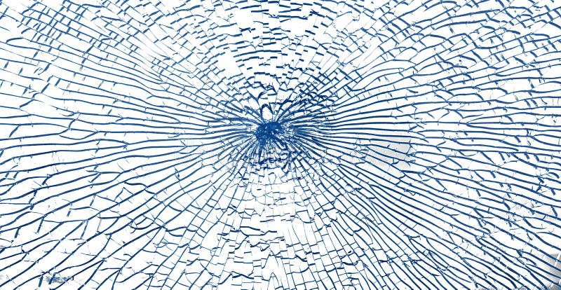 σπασμένο γυαλί με μπλε σχισμές. αφηρημένο σπασμένο παράθυρο βολής σε λευκό στοκ εικόνα