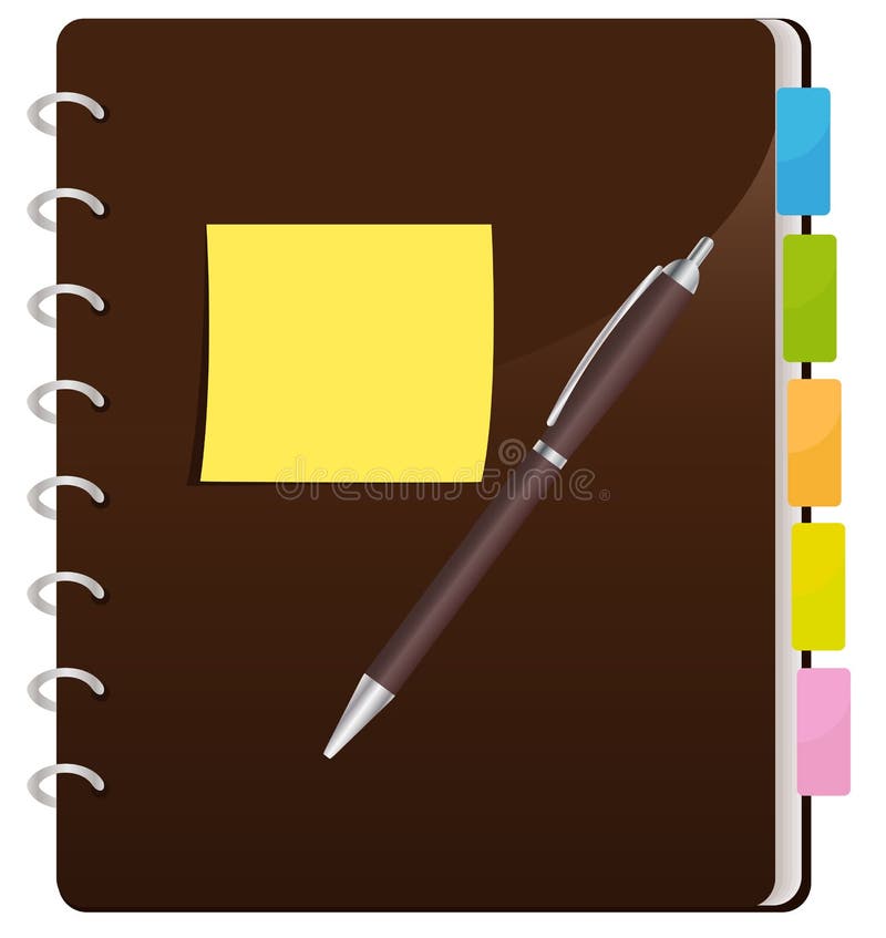 Yellow Sticky Note And A Pen Resting On A Closed Brown Spiral Notebook With Colorful Divider Tabs. Yellow Sticky Note And A Pen Resting On A Closed Brown Spiral Notebook With Colorful Divider Tabs