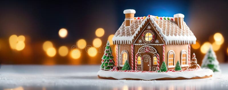 Gingerbread house decorated with white icing with 2/3 free space for advertising, text, copy.Banner. New Year Christmas. AI generated. Gingerbread house decorated with white icing with 2/3 free space for advertising, text, copy.Banner. New Year Christmas. AI generated