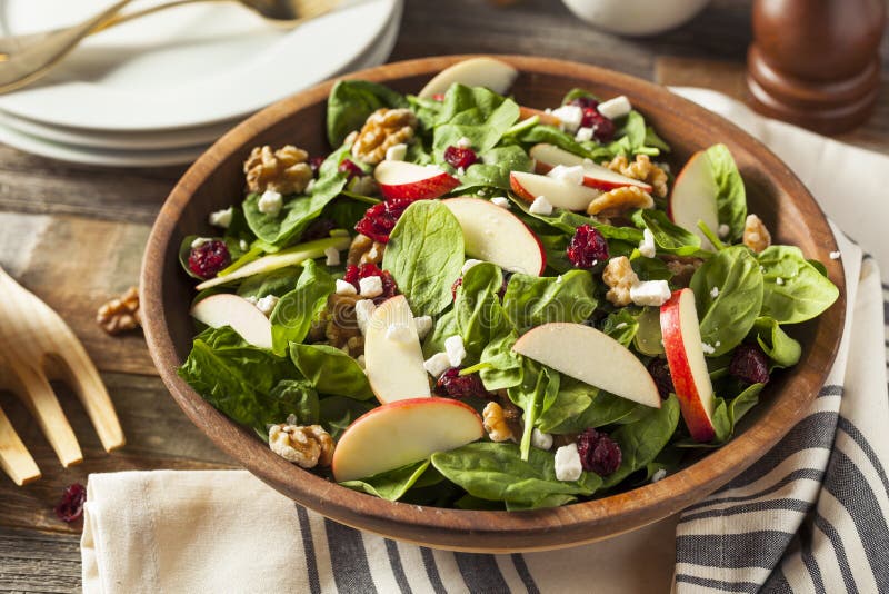 Homemade Autumn Apple Walnut Spinach Salad with Cheese and Cranberries. Homemade Autumn Apple Walnut Spinach Salad with Cheese and Cranberries