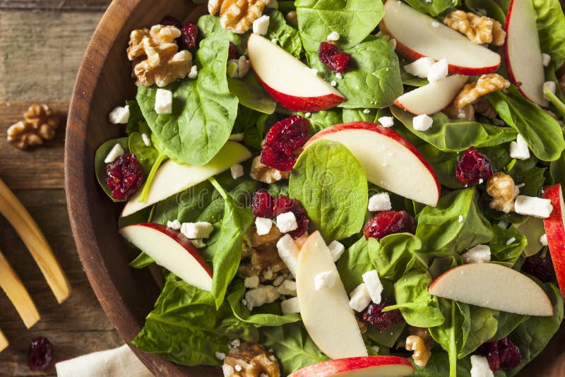 Homemade Autumn Apple Walnut Spinach Salad with Cheese and Cranberries. Homemade Autumn Apple Walnut Spinach Salad with Cheese and Cranberries