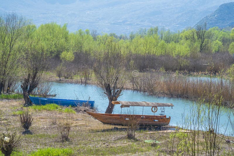 Στάση δύο ξύλινη βαρκών στην όχθη ποταμού στοκ εικόνες Στάση δύο ξύλινη βαρκών στην όχθη ποταμού στοκ εικόνες