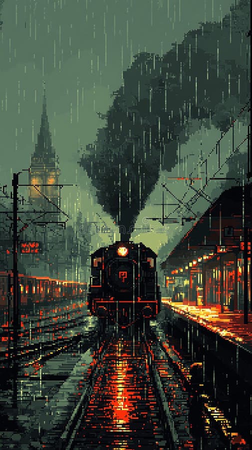 Σταθμός Vintage Train in Rainy Night Stage με ατμομηχανή και λαμπερά φώτα απεικόνιση αποθεμάτων