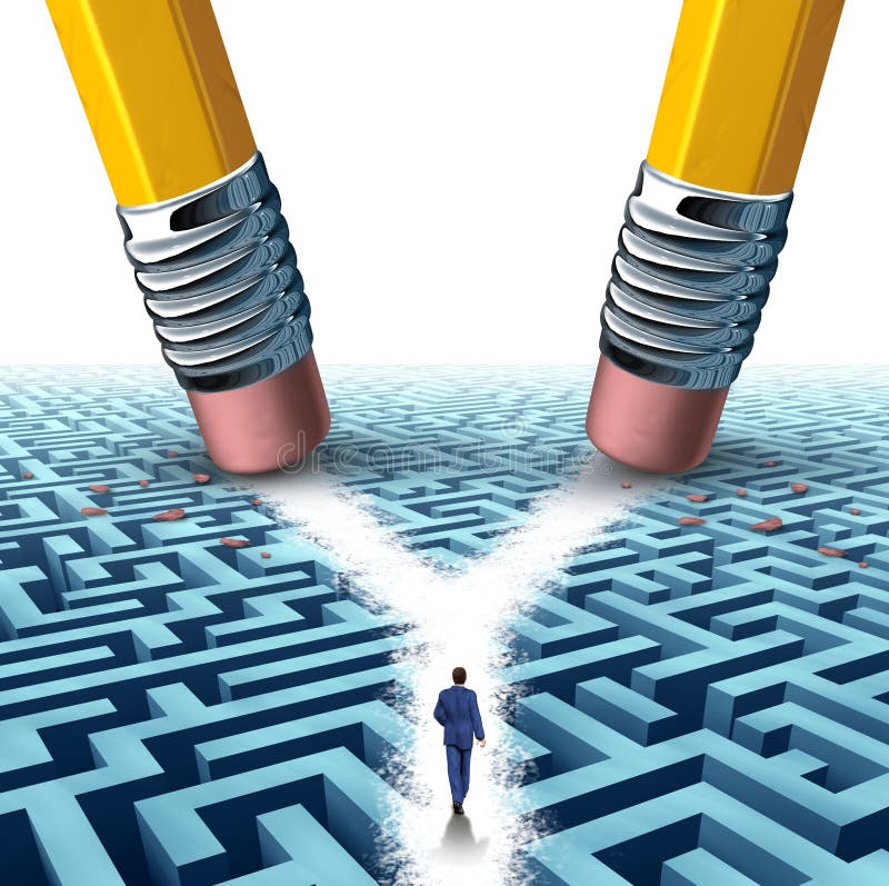 Solution crossroad business concept as a three dimensional maze or labyrinth being erased by two pencils clearing a cross road path for a confused businessman as a symbol for choosing the pathway to success. Solution crossroad business concept as a three dimensional maze or labyrinth being erased by two pencils clearing a cross road path for a confused businessman as a symbol for choosing the pathway to success.