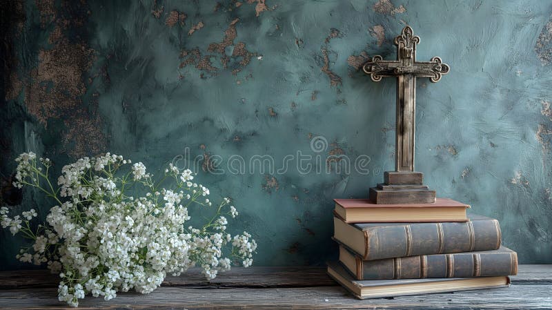 Cross and old books on vintage wooden table and little white flowers. Religious, wisdom, spirituality concept. Cross and old books on vintage wooden table and little white flowers. Religious, wisdom, spirituality concept