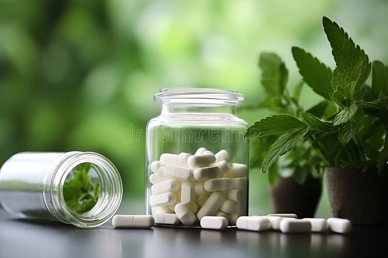 στεβιανά γλυκαντικά χάπια για την αντικατάσταση του σακχάρου. δισκία στεβιανής ζάχαρης σε γυάλινο βάζο με φυτό stevia πάνω από θαμ απεικόνιση αποθεμάτων