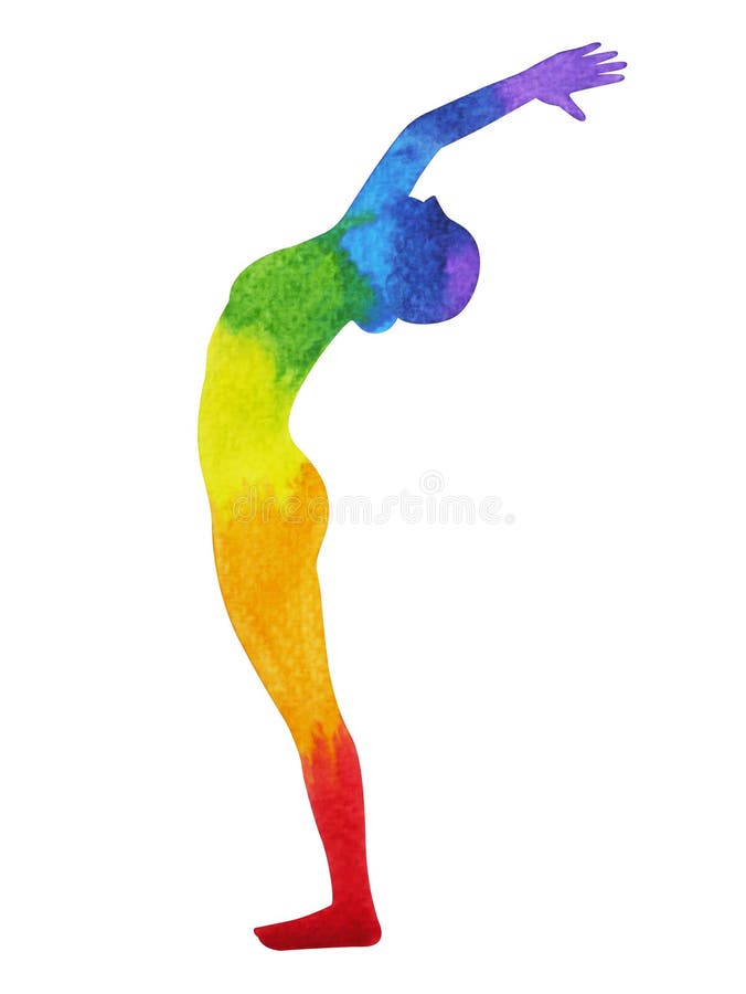 Standing Back Bend Yoga Pose, 7 color chakra watercolor painting, hand drawn illustration design, Anuvittasana. Standing Back Bend Yoga Pose, 7 color chakra watercolor painting, hand drawn illustration design, Anuvittasana