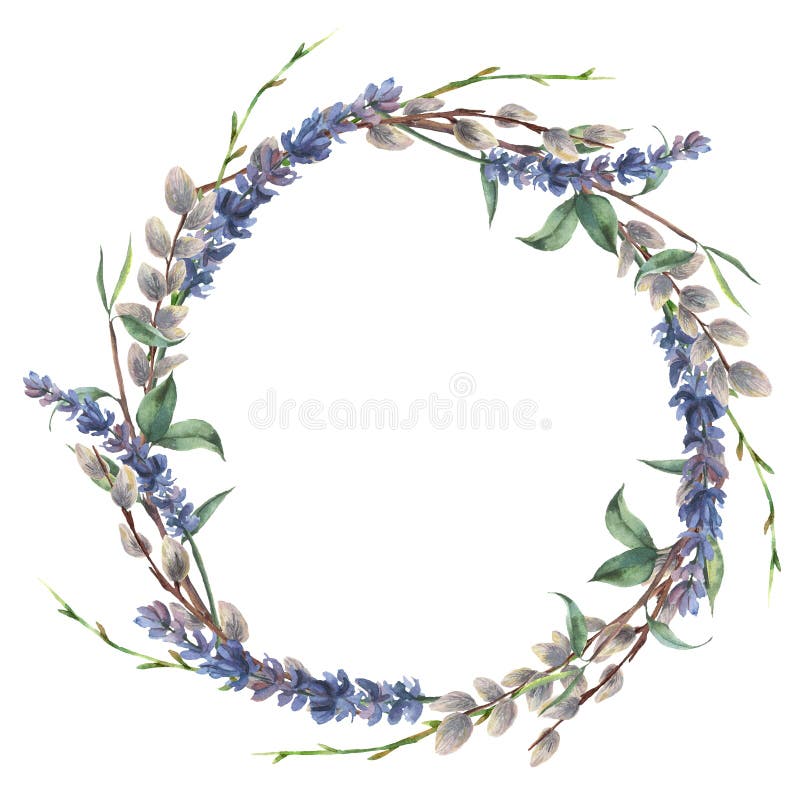 Στεφάνι ανοίξεων Watercolor Το χέρι χρωμάτισε τα σύνορα με lavender, ιτιών και δέντρων τον κλάδο με τα φύλλα που απομονώθηκαν στο