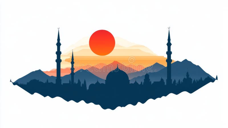 Στην καλλιτεχνική απεικόνιση, το Λευκό Τέμενος διακρίνεται περίοπτα σε ένα φόντο ενός ζωντανού κόκκινου ήλιου και στοκ εικόνα