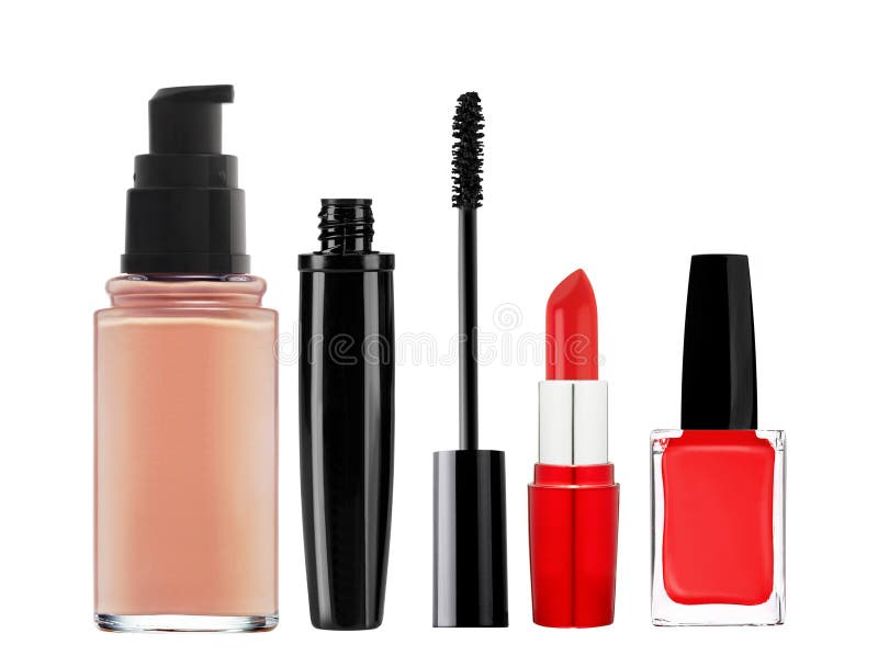 Στιλβωτική ουσία ιδρύματος, mascara, κραγιόν και καρφιών που απομονώνεται στο λευκό στοκ εικόνες Στιλβωτική ουσία ιδρύματος, mascara, κραγιόν και καρφιών που απομονώνεται στο λευκό στοκ εικόνες