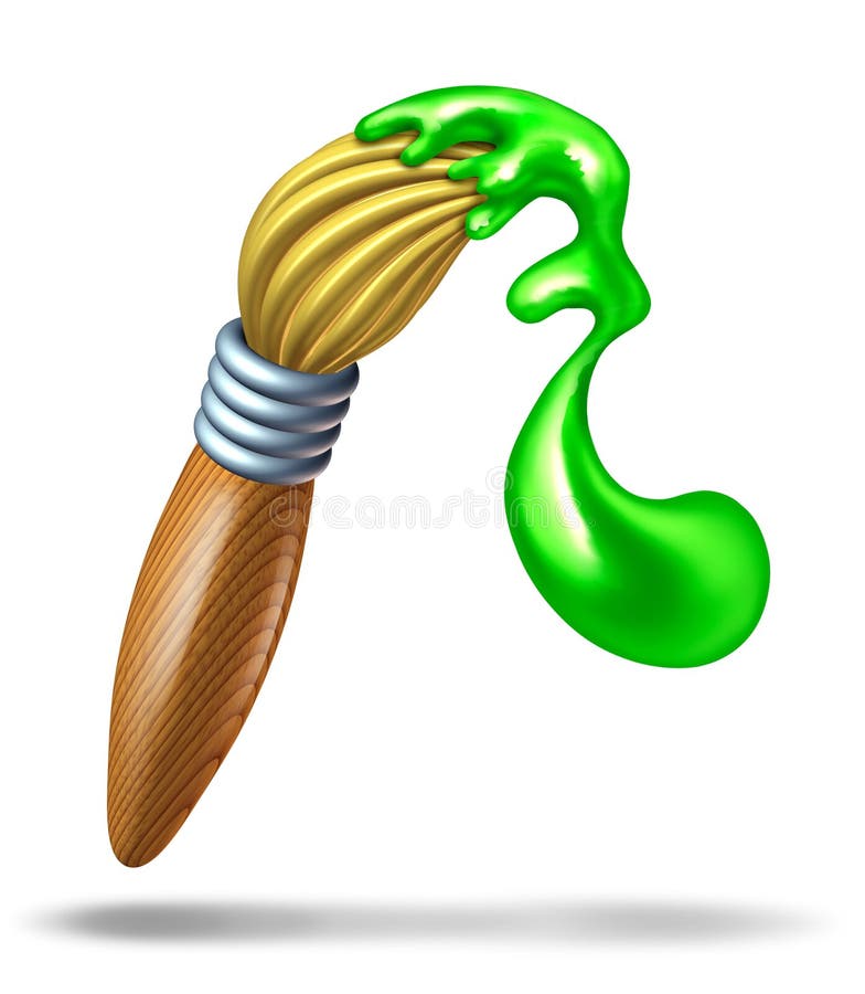 Paintbrush with glossy green paint splash at the tip of the bristles splashing in a swirl shape representing the concept of creativity and arts and crafts for children and school students. Paintbrush with glossy green paint splash at the tip of the bristles splashing in a swirl shape representing the concept of creativity and arts and crafts for children and school students.