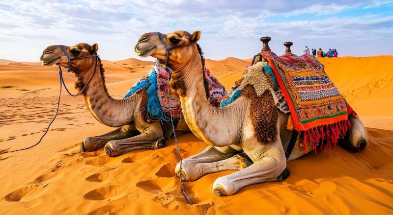 στο ήρεμο τοπίο της ερήμου οι καμήλες bedouin αναπαύονται ανενόχλητοι. στοκ εικόνα με δικαίωμα ελεύθερης χρήσης