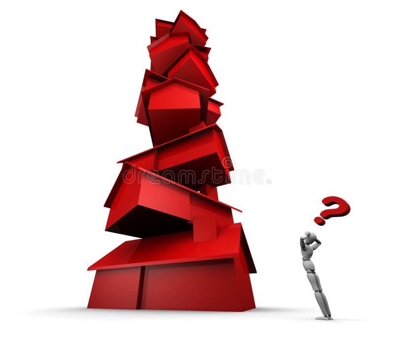 3d illustration of person with question marking looking at tall stack of balanced red houses, isolated on white background. 3d illustration of person with question marking looking at tall stack of balanced red houses, isolated on white background.