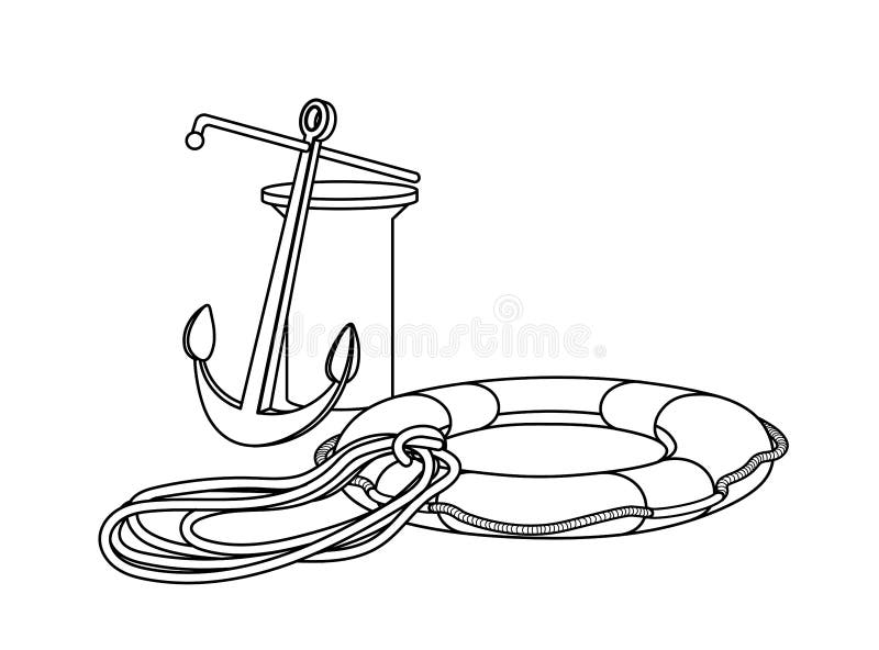 Boat rigging elements for mooring, grapnel, life ring, rope, knecht, for emblem, logo, vector illustration with black contour lines isolated on white background in a hand drawn style. Boat rigging elements for mooring, grapnel, life ring, rope, knecht, for emblem, logo, vector illustration with black contour lines isolated on white background in a hand drawn style