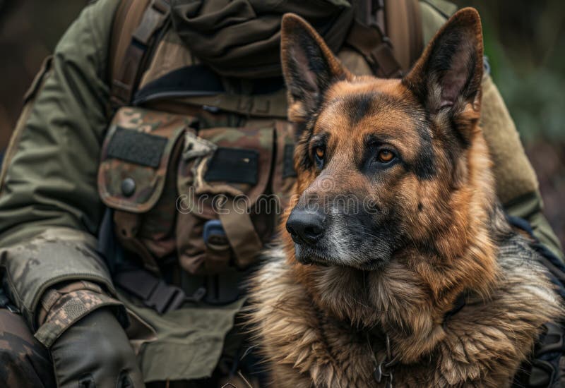 Military dog and his handler. A a german shepherd dog is sitting next to a person. AI generated. Military dog and his handler. A a german shepherd dog is sitting next to a person. AI generated