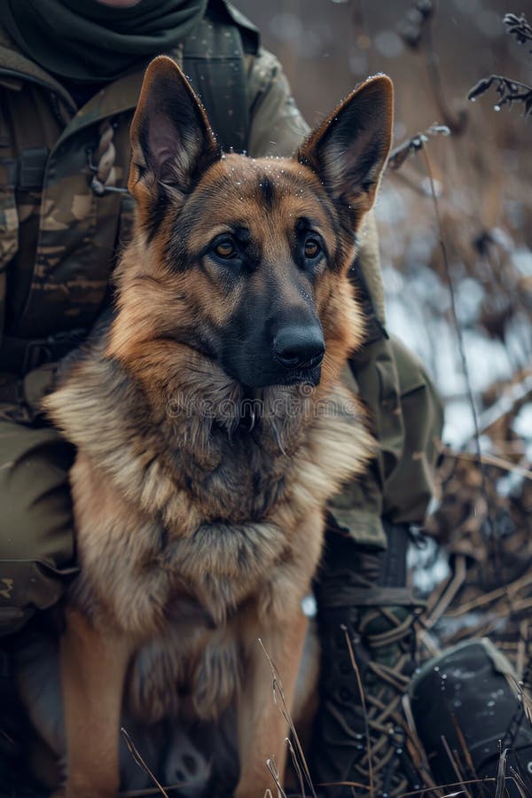 Soldier and his military dog. A german shepherd dog is sitting next to a person wearing a military uniform. AI generated. Soldier and his military dog. A german shepherd dog is sitting next to a person wearing a military uniform. AI generated