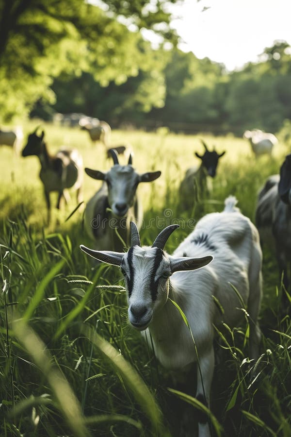 Goats graze on a farm meadow. Selective focus. Nature. AI generated. Goats graze on a farm meadow. Selective focus. Nature. AI generated