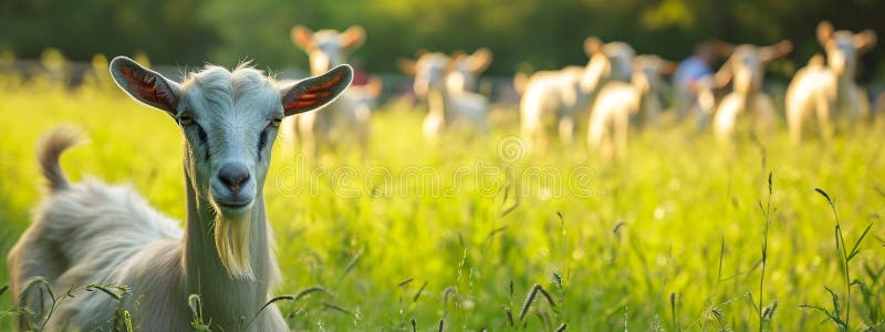 Goats graze on a farm meadow. Selective focus. Nature. AI generated. Goats graze on a farm meadow. Selective focus. Nature. AI generated