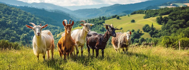 Goats graze on a farm meadow. Selective focus. Nature. AI generated. Goats graze on a farm meadow. Selective focus. Nature. AI generated