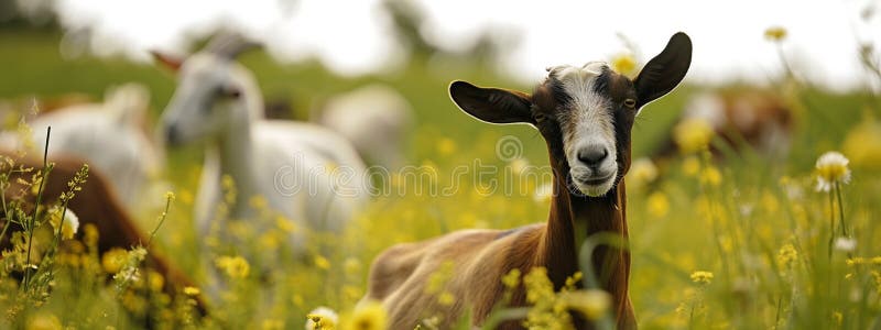 Goats graze on a farm meadow. Selective focus. Nature. AI generated. Goats graze on a farm meadow. Selective focus. Nature. AI generated