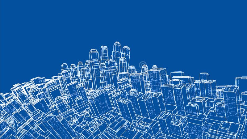 Wire-frame Twisted City, Blueprint Style. 3D Rendering Vector Illustration. Architecture Design Background. Wire-frame Twisted City, Blueprint Style. 3D Rendering Vector Illustration. Architecture Design Background