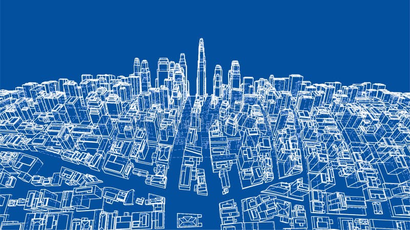 Wire-frame Twisted City, Blueprint Style. 3D illustration. Architecture Design Background. Wire-frame Twisted City, Blueprint Style. 3D illustration. Architecture Design Background