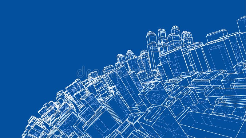 Wire-frame Twisted City, Blueprint Style. 3D illustration. Architecture Design Background. Wire-frame Twisted City, Blueprint Style. 3D illustration. Architecture Design Background