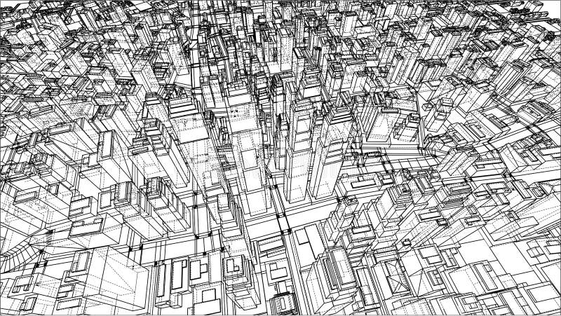 Wire-frame Twisted City, Blueprint Style. 3D illustration. Architecture Design Background. Wire-frame Twisted City, Blueprint Style. 3D illustration. Architecture Design Background