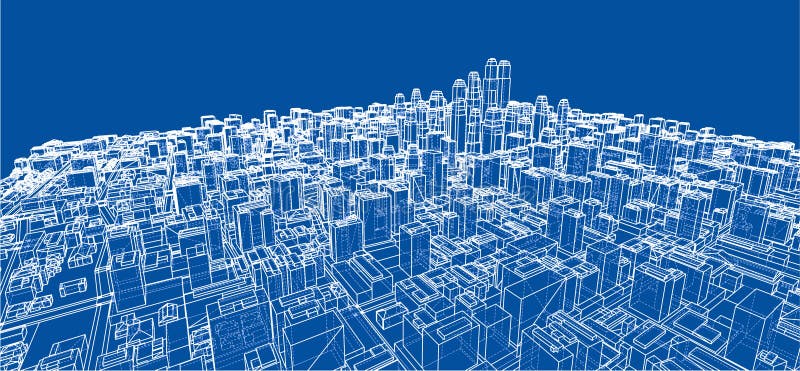 Wire-frame Twisted City, Blueprint Style. 3D illustration. Architecture Design Background. Wire-frame Twisted City, Blueprint Style. 3D illustration. Architecture Design Background